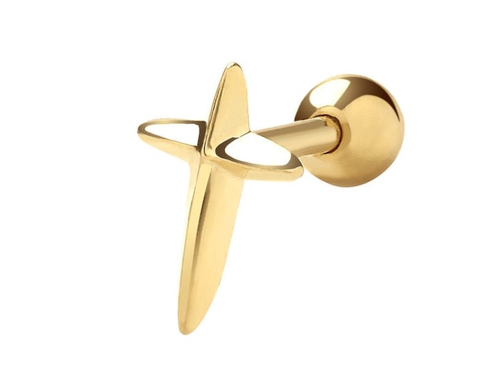 9K Yellow Gold Modern Cross Helix Cartilage 6mm Post Screw Back Single Stud Earring - Real 9K Gold