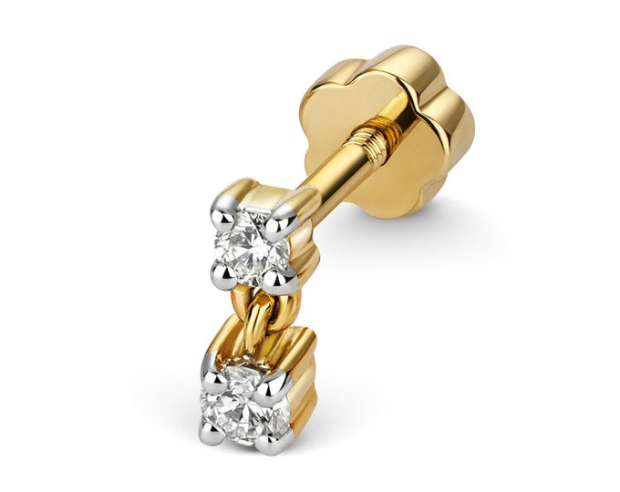 SINGLE 9K Gold 0.08ct 2 Stone Diamond Link Drop Cartilage Stud - 6mm Bar Screw Back Earring - Solid 9K Gold