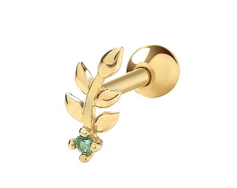 9ct Yellow Gold Emerald Cz Leaf Design Cartilage 6mm Post Screw Back SINGLE Stud Earring - Real 9K Gold