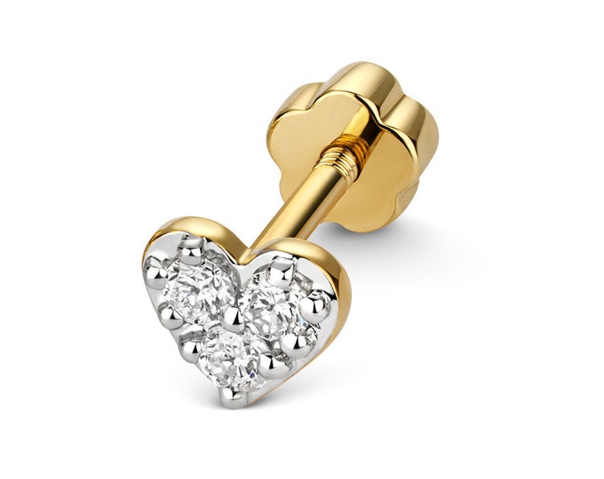 SINGLE 9K Yellow Gold 0.09ct Diamond Heart Stud Cartilage 6mm Bar Screw Back Earring - Solid 9K Gold