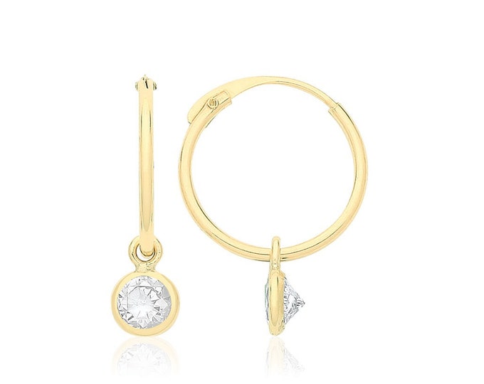 Dainty 9ct Yellow Gold 8mm Diameter Sleeper Hoop Earrings With Hanging Cz Charm - Real 9K Gold