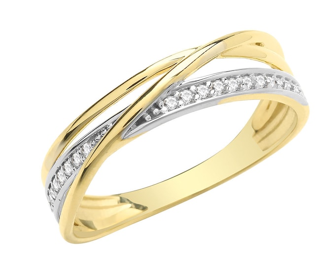 Ladies 9ct Yellow Gold Cz Crossover Eternity Ring Hallmarked - Real 9K Gold