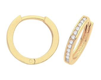 9ct Yellow Gold 10mm Internal Diameter Half Set Cz Hinged Hoop Earrings - Real 9K Gold