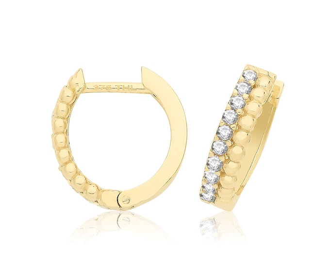 9ct Yellow Gold Half Cz Half Beaded 8mm Diameter Hinged Clickers Hoop Earrings - Real 9K Gold
