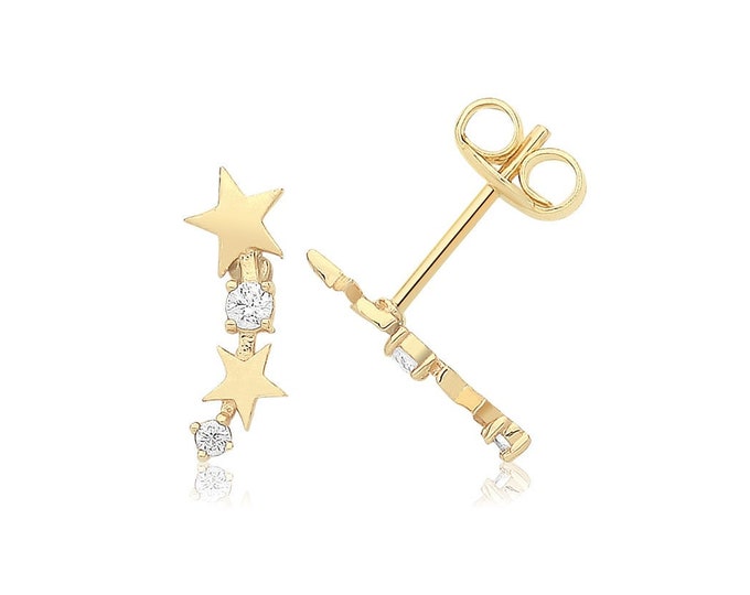 9ct Gold Graduated 10mm Cz Constellation Stars Climber Stud Earrings- Real 9K Gold