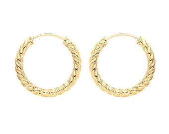 9ct Yellow Gold 13mm Diameter Twisted Threader Sleeper Hoop Earrings - Real 9K Gold