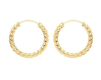 9ct Yellow Gold 13mm Diameter Twisted Threader Sleeper Hoop Earrings - Real 9K Gold