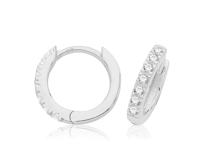 9ct White Gold Half Set Cz 8mm Diameter Hinged Clickers Hoop Earrings - Real 9K Gold