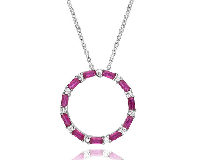 Rhodium Plated 925 Sterling Silver Ruby Red Cz Baguette & Round Cz Circle of Life  17" Necklace