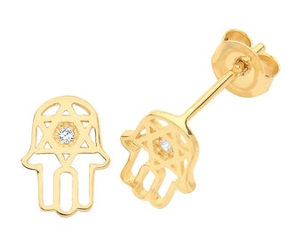 9ct Yellow Gold Cz Star Hamsa Hand Stud Earrings - Real 9K Gold