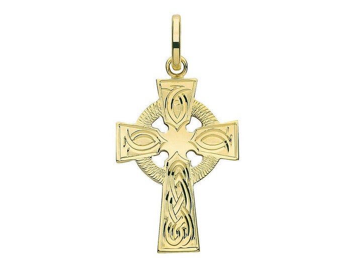 9ct Yellow Gold Celtic Knot Engraved Cross Pendant 24x17mm - Real 9K Gold