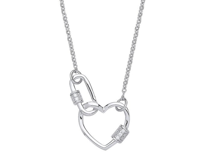 925 Sterling Silver Cz Paperclip & Heart 17" Chain Necklace