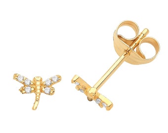 Small 9ct Yellow Gold 6x4mm Dragonfly Cz Stud Earrings - Real 9K Gold