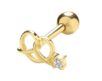9ct Gold Cz Love Heart Tied Knot Cartilage 6mm Post Screw Back SINGLE Stud Earring - Real 9K Gold
