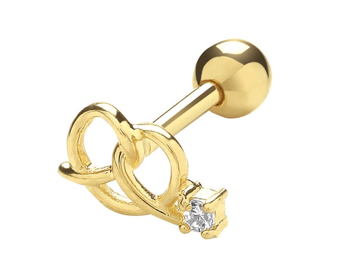 9ct Gold Cz Love Heart Tied Knot Cartilage 6mm Post Screw Back SINGLE Stud Earring - Real 9K Gold