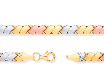 Ladies 9ct 3 Colour Rose Yellow White Gold Double Kisses Link 7" Bracelet Hallmarked - Real 9K Gold