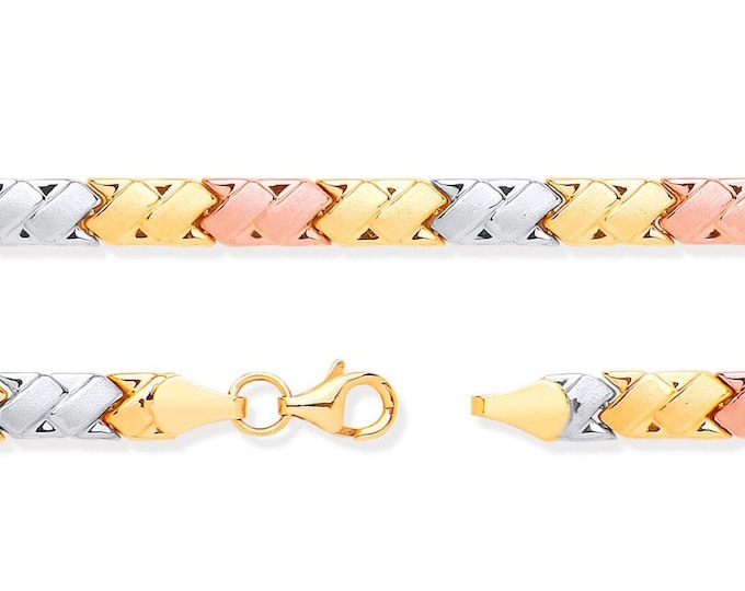 Ladies 9ct 3 Colour Rose Yellow White Gold Double Kisses Link 7" Bracelet Hallmarked - Real 9K Gold