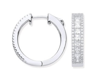 Sterling Silver 20mm Channel Set Princess & Round Cz Huggies Hoop Earrings