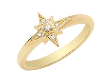 Ladies 9ct Yellow Gold 1.5mm Eight Pointed Cz Starburst Ring Hallmarked - Real 9K Gold