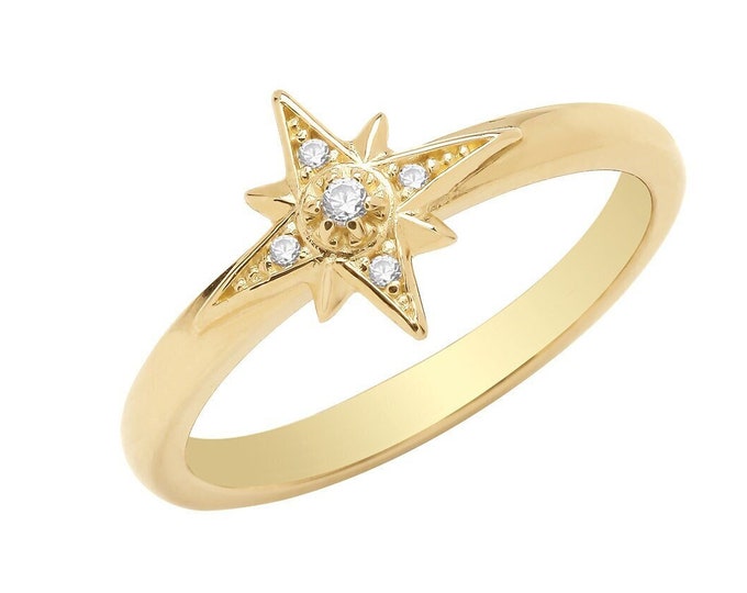 Ladies 9ct Yellow Gold 1.5mm Eight Pointed Cz Starburst Ring Hallmarked - Real 9K Gold