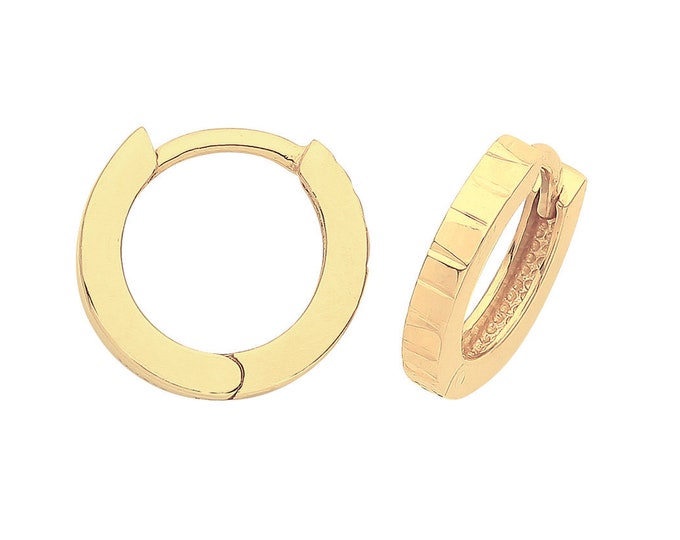 9ct Yellow Gold 8mm Diameter Hinged Diamond Cut Flat Tube Hoop Earrings - Real 9K Gold