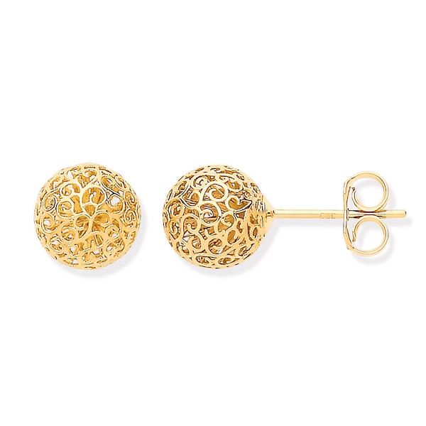 9ct Yellow Gold 8mm Diameter Cut Out Filigree Design Round Ball Stud Earrings - Real 9K Gold