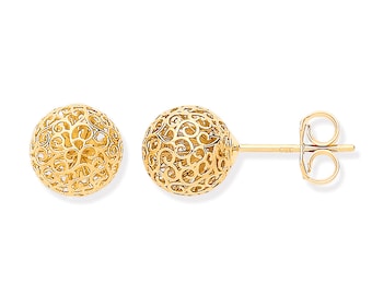 9ct Yellow Gold 8mm Diameter Cut Out Filigree Design Round Ball Stud Earrings - Real 9K Gold