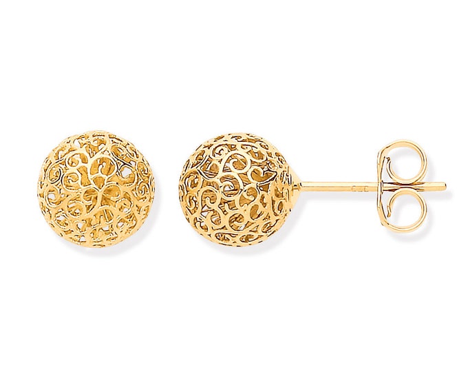 9ct Yellow Gold 8mm Diameter Cut Out Filigree Design Round Ball Stud Earrings - Real 9K Gold