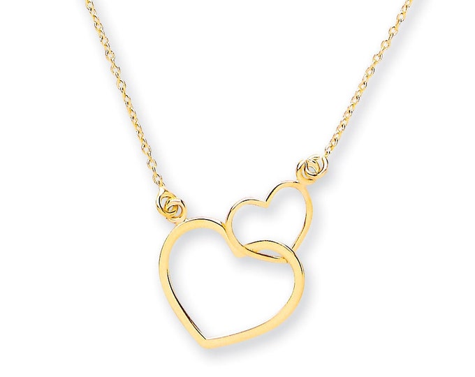 9ct Yellow Gold Entwined 2 Hearts Pendant on Adjustable 16"-18" Rolo Chain Necklace- Solid 9K Gold