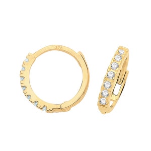 9ct Yellow Gold Half Cz Claw Set 9mm Diameter Hinged Hoop Earrings - Real 9K Gold