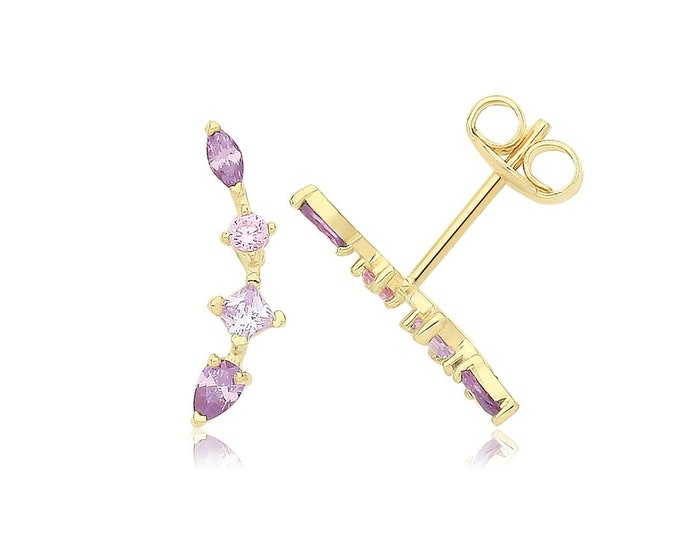 9ct Yellow Gold 12mm Graduated Purple Marquise Round Princess Cz Climber Stud Earrings - Real 9K Gold