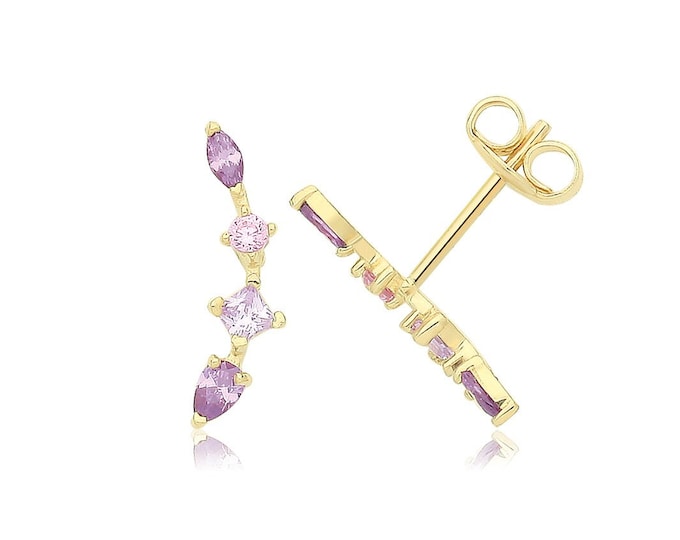 9ct Yellow Gold 12mm Graduated Purple Marquise Round Princess Cz Climber Stud Earrings - Real 9K Gold