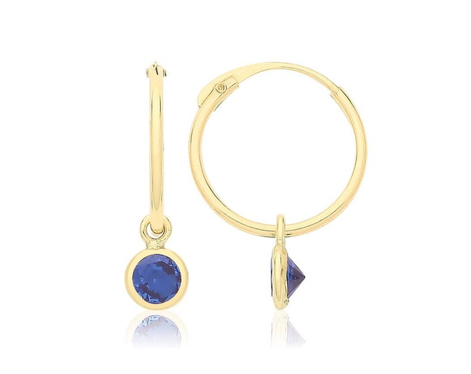 Dainty 9ct Yellow Gold 8mm Diameter Sleeper Hoop Earrings With Hanging Blue Cz Charm - Real 9K Gold