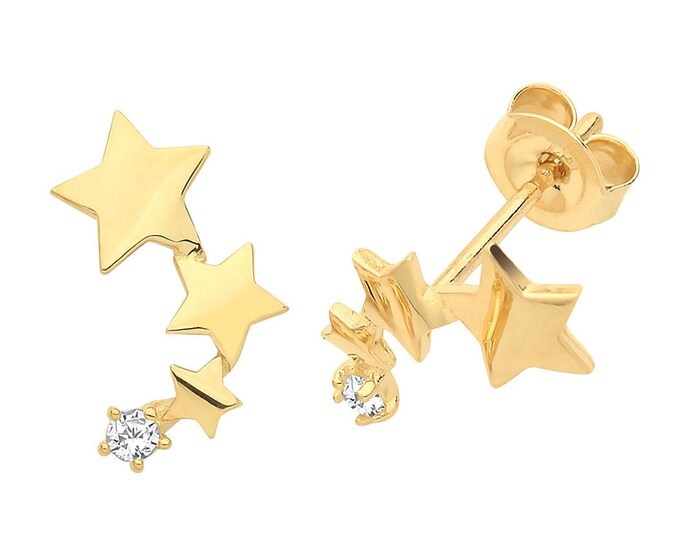 9K Gold Constellation Shooting Cz Star Curved Bar 10mm Stud Earrings - Solid 9K Gold