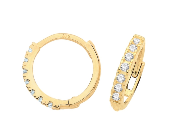 9ct Yellow Gold Half Cz Claw Set 9mm Diameter Hinged Hoop Earrings - Real 9K Gold