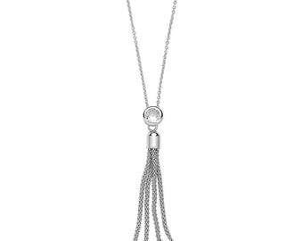 925 Sterling Silver Bezel Rub Over Set Cz & 4cm Tassel Chain 18" Necklace