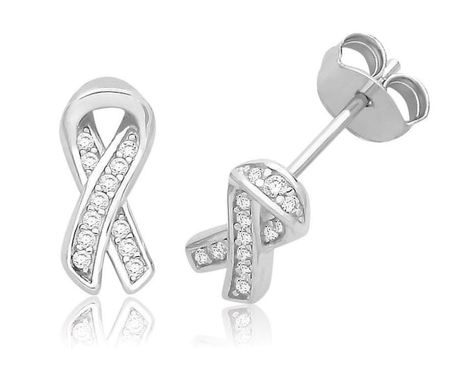 925 Sterling Silver 12x5mm Micro Pave Cz Crossed Ribbon Stud Earrings Rhodium Plated