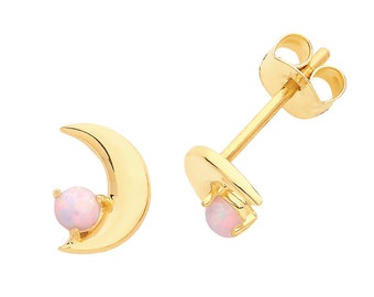 9ct Yellow Gold Crescent Moon & Opal Stud Earrings- Real 9K Gold
