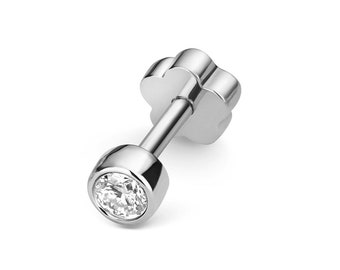 9ct White Gold Solitaire 0.07ct Bezel Rubover Diamond Cartilage 6mm Bar Single Stud Screw Back Earring - Real 9K Gold