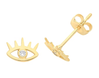 Contemporary 9ct Yellow Gold Cz Eye Design Stud Earrings 6x5mm - Real 9K Gold