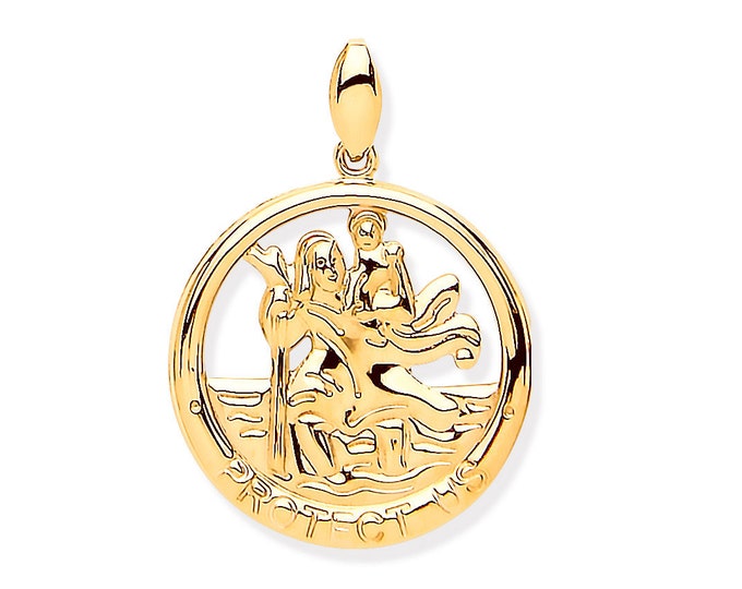 9ct Gold 1.2cm Round Cut Out St Christopher Protect Us Charm Pendant - Real 9K Gold