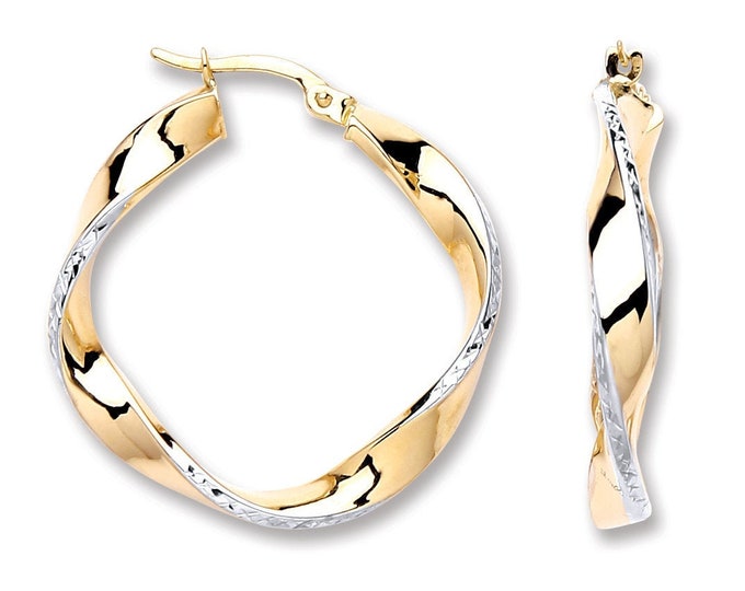 9ct Two Colour Gold 20mm Diameter Twisted Diamond Cut Edge Hoop Earrings Hallmarked - Real 9K Gold