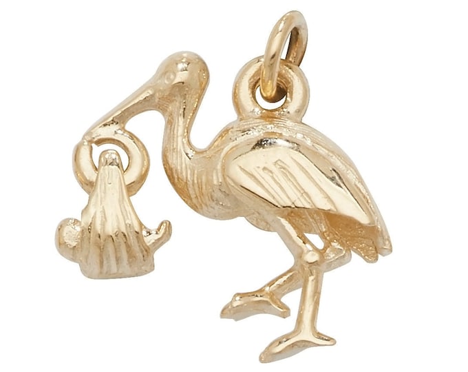 Solid 9ct Yellow Gold 1.5cm Stork & Baby Charm Pendant Hallmarked - Real 9K Gold