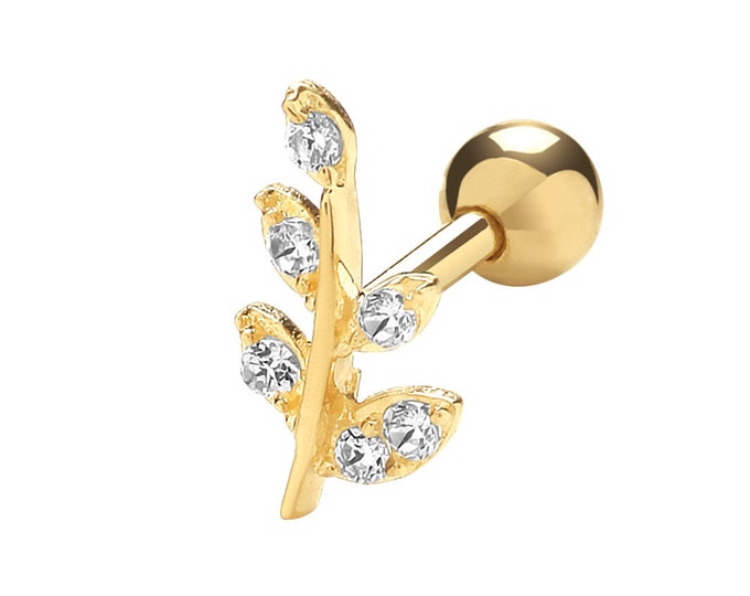 9ct Yellow Gold Cz Leaf Design Cartilage 6mm Post Screw Back SINGLE Stud Earring - Real 9K Gold