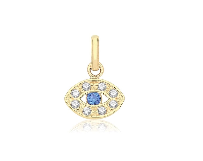 Small 9ct Yellow Gold 9x5mm Cz Evil Eye Charm Pendant - Real 9K Gold