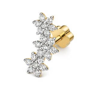 9ct Yellow Gold 0.23ct Diamond Flower Cluster Cartilage 6mm Bar Single Stud Screw Back Earring - Real 9K Gold