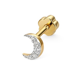 SINGLE 9K Yellow Gold 0.03ct Diamond Half Moon Stud Cartilage 6mm Bar Screw Back Earring - Real 9K Gold