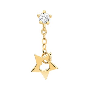 SINGLE 9ct Yellow Gold Cz Cartilage Stud Screw Back Earring With Cut Out Star Drop - Solid 9K Gold