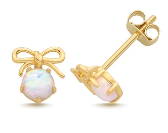 9ct Yellow Gold 5mm Round Opal Bow Design Stud Earrings - Real 9K Gold