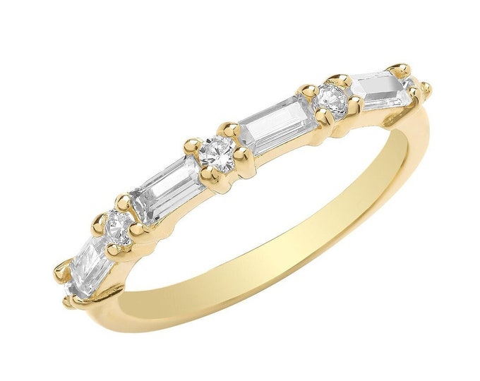 9ct Yellow Gold 2mm Shank Baguette & Round Cz Half Eternity Ring Hallmarked - Real 9K Gold